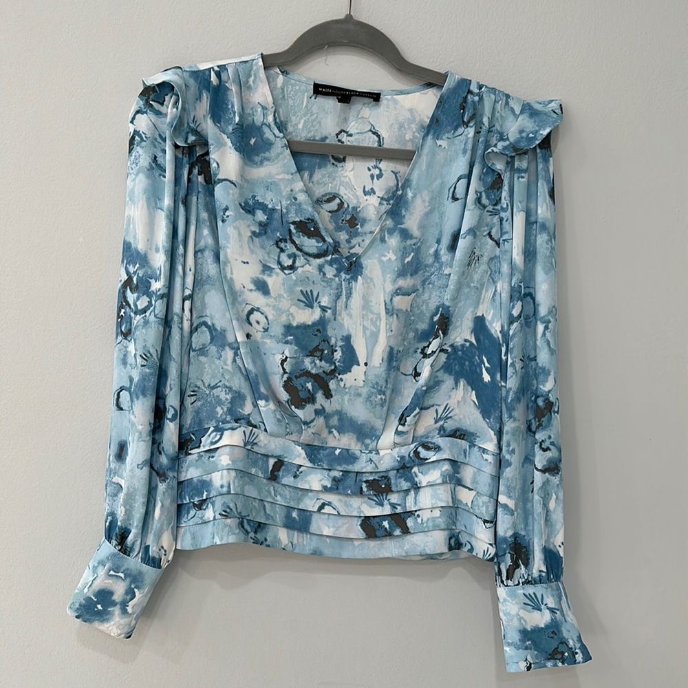 White House Black Market Banded Bottom Blouse Ruffle at Shoulder Watercolor Sz 4